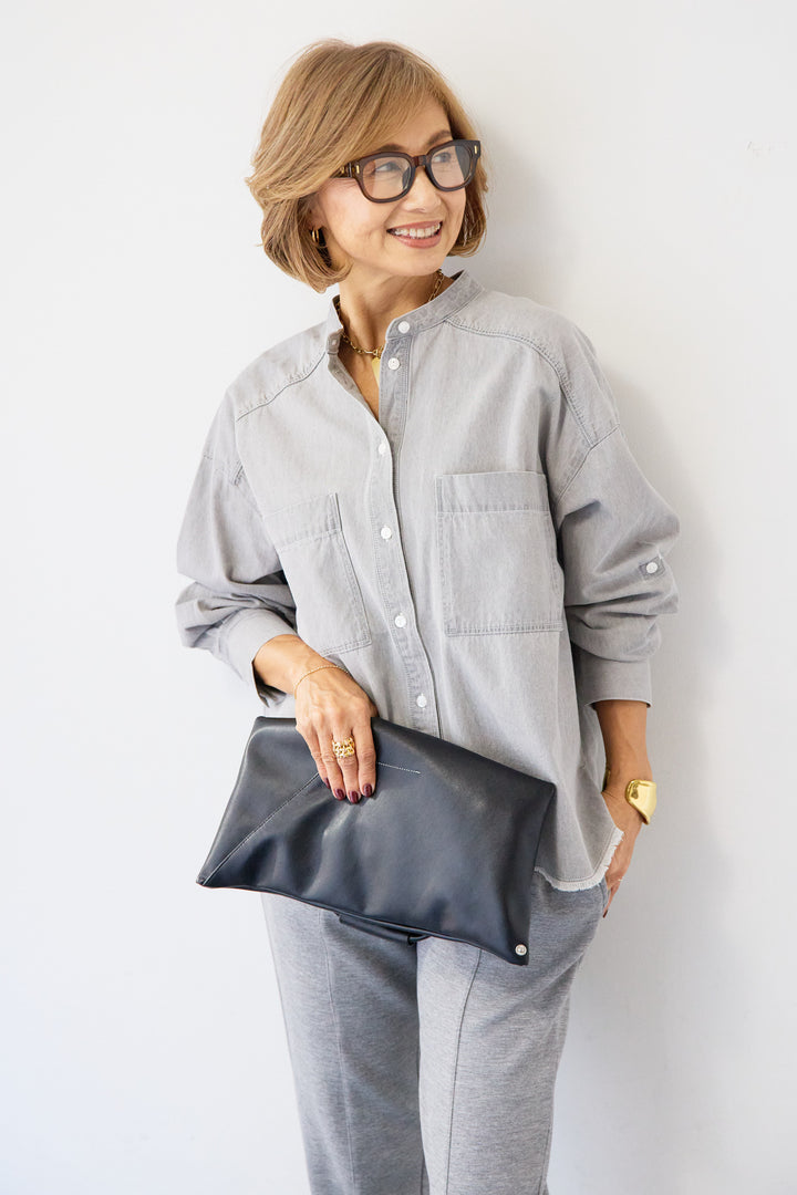 コットンデニムノーカラーシャツ