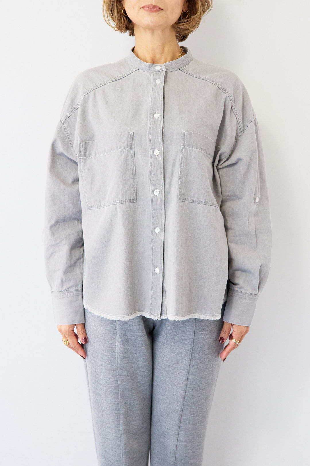 コットンデニムノーカラーシャツ