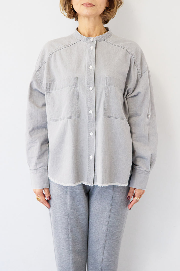 コットンデニムノーカラーシャツ