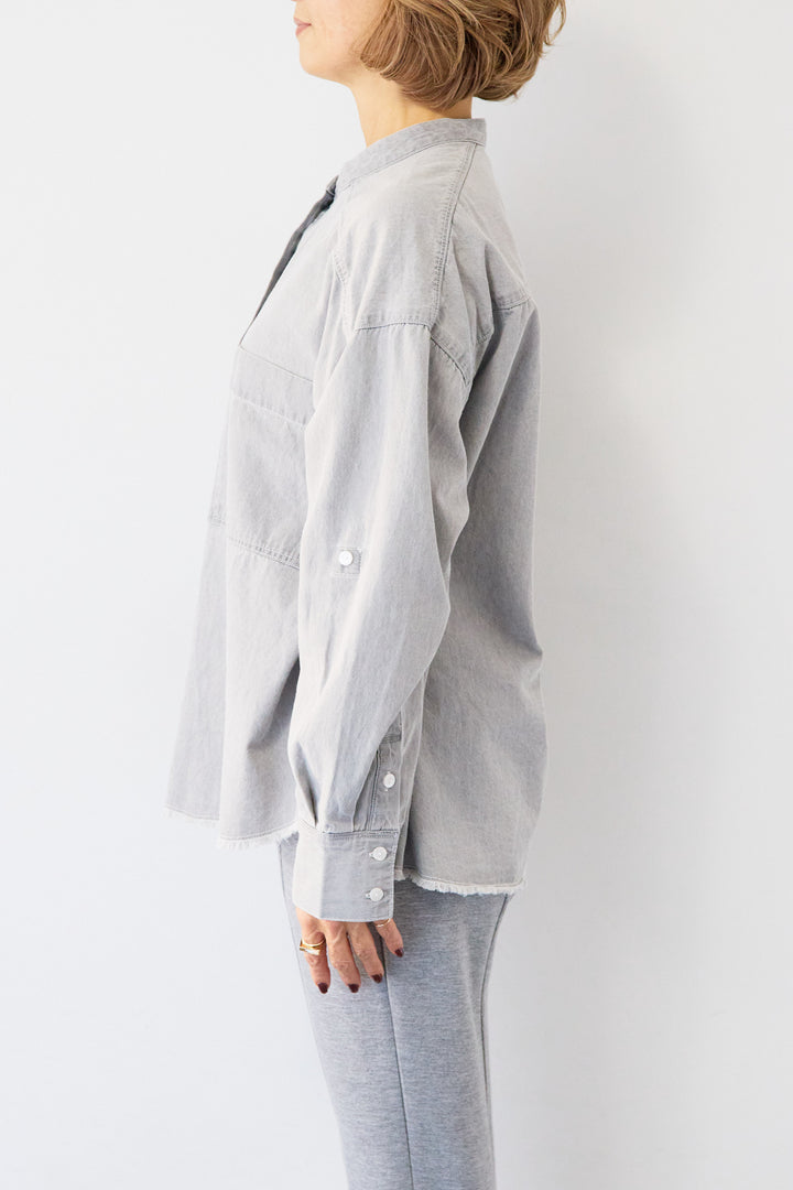 コットンデニムノーカラーシャツ