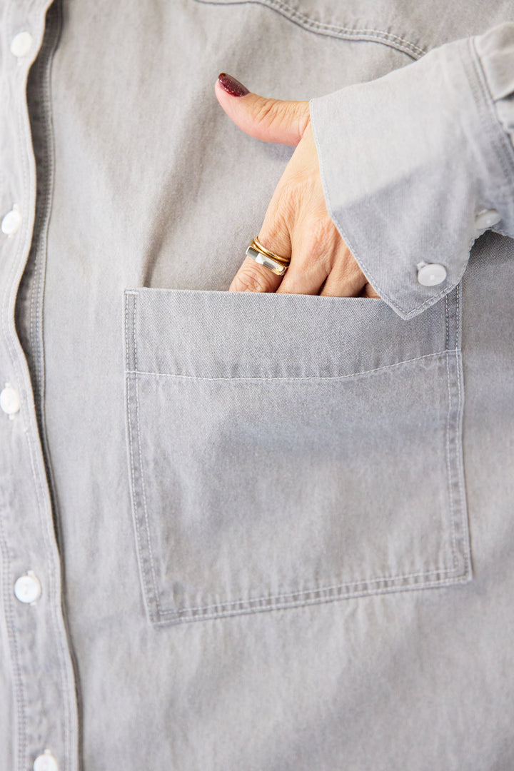 コットンデニムノーカラーシャツ