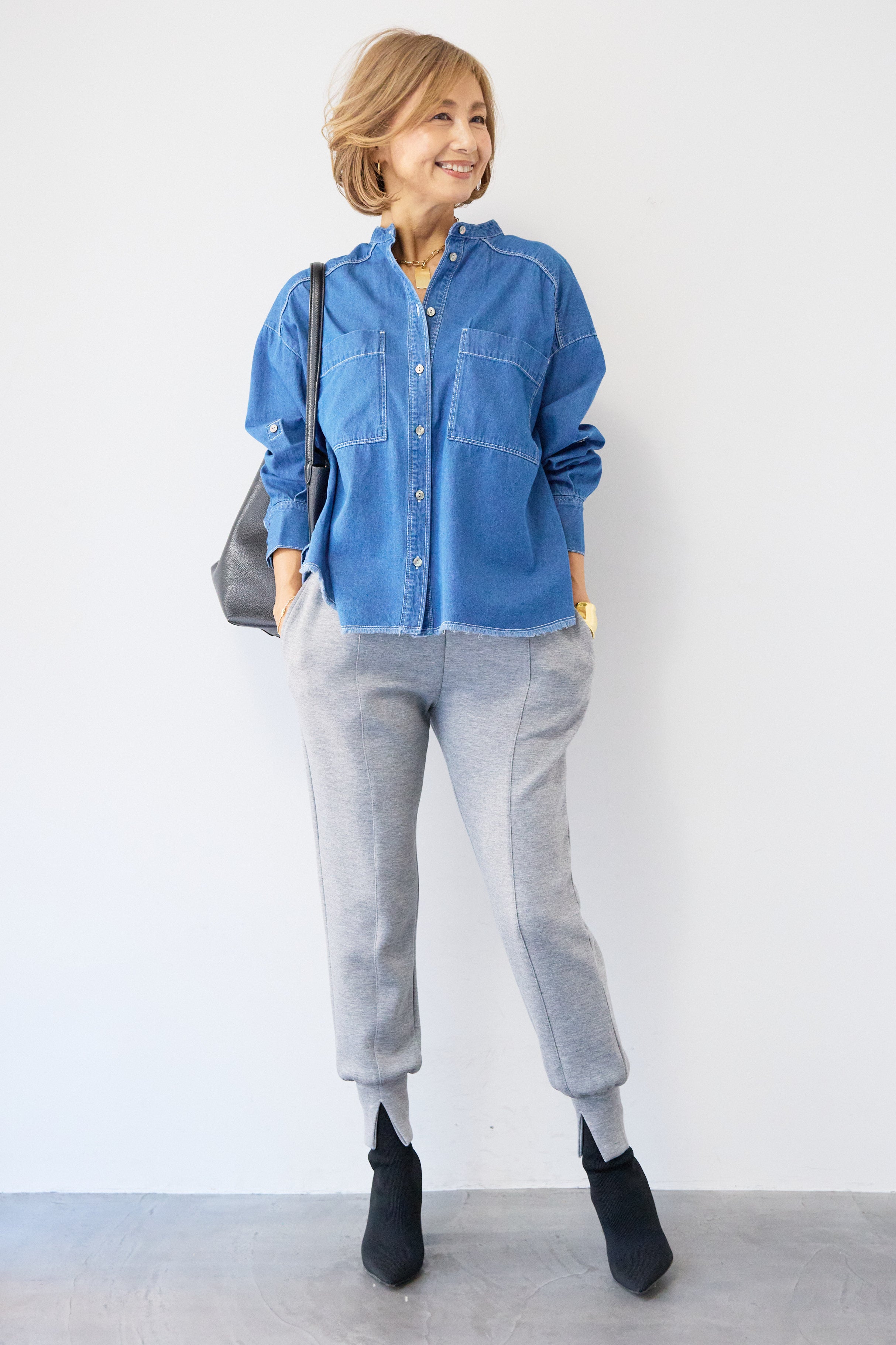 コットンデニムノーカラーシャツ – plusotoha