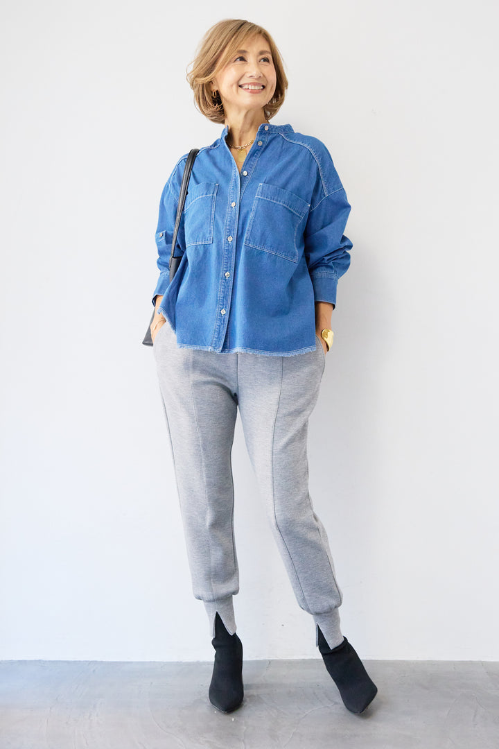 コットンデニムノーカラーシャツ