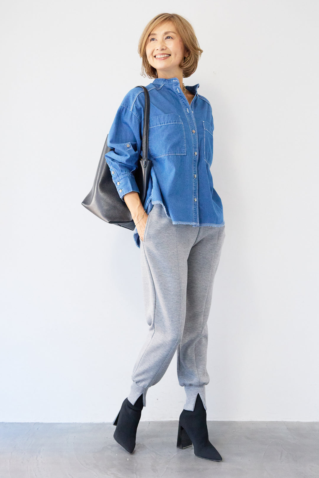 コットンデニムノーカラーシャツ