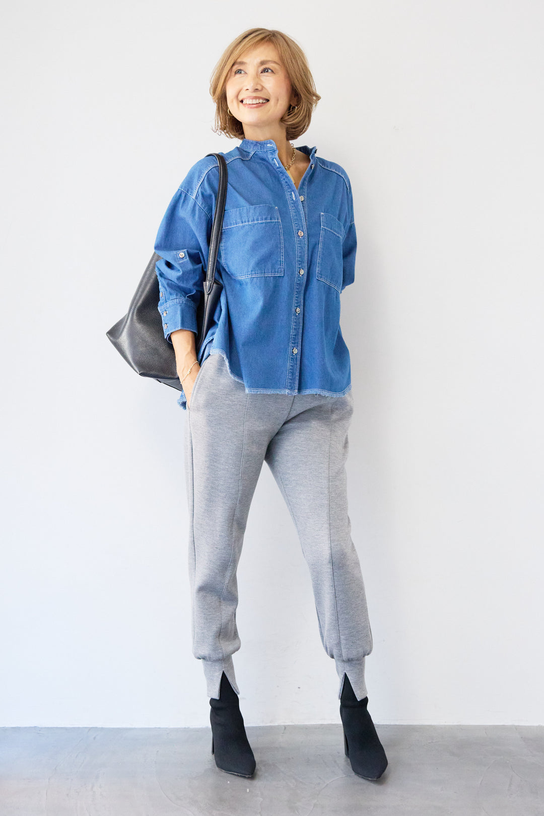 コットンデニムノーカラーシャツ