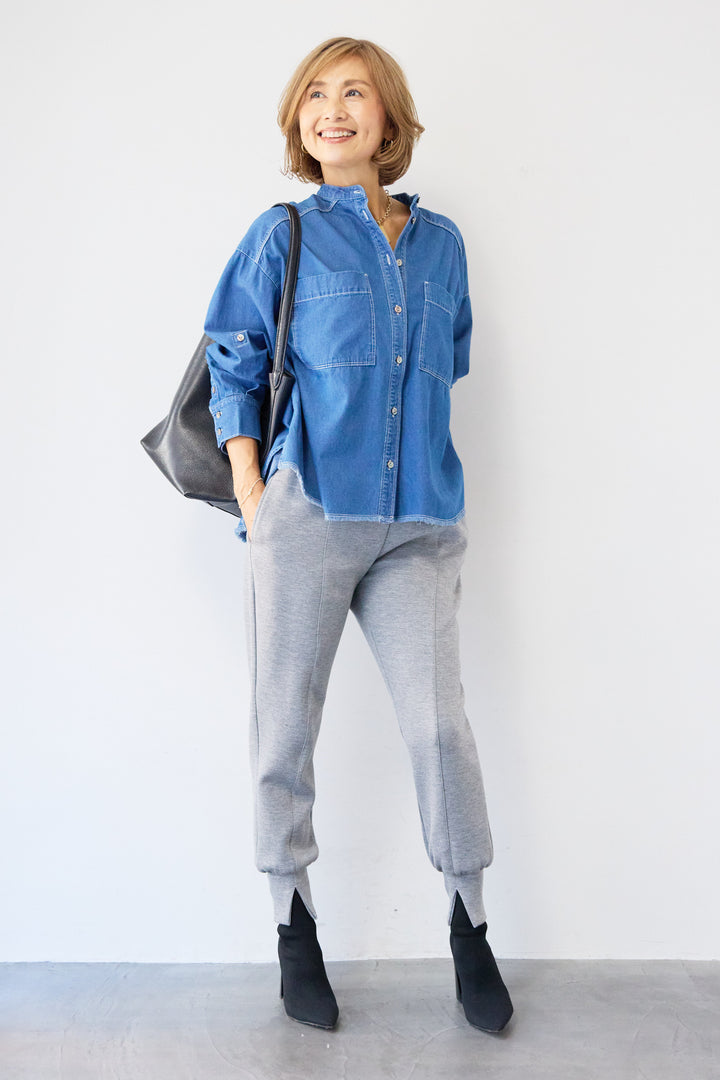 コットンデニムノーカラーシャツ