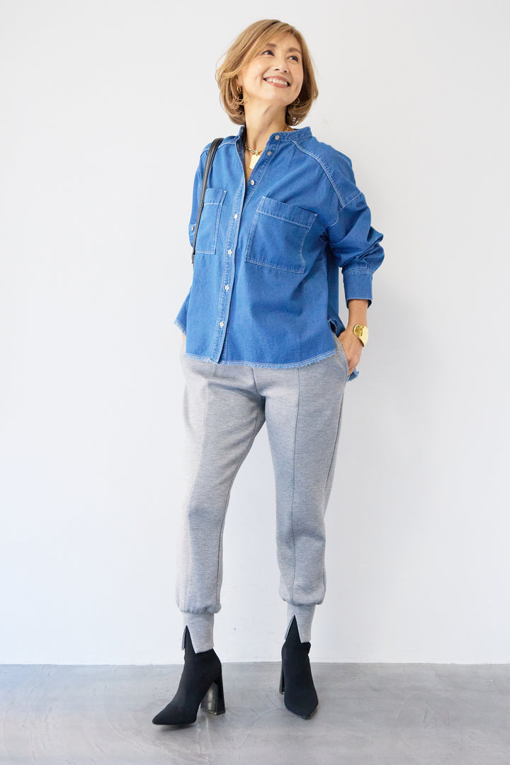 コットンデニムノーカラーシャツ