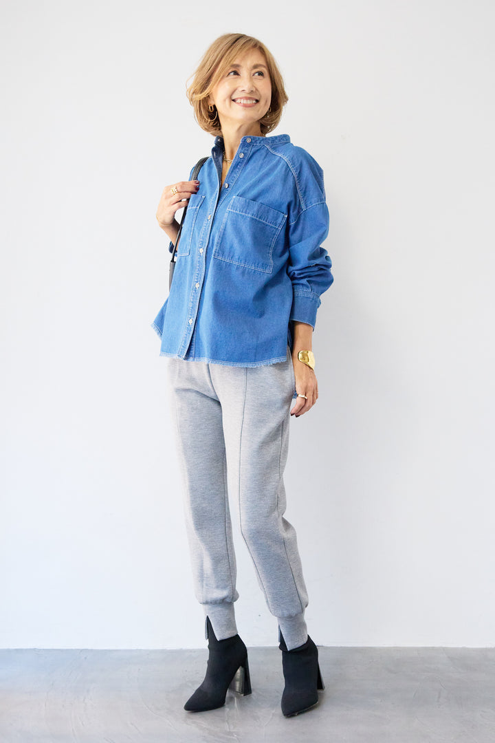 コットンデニムノーカラーシャツ