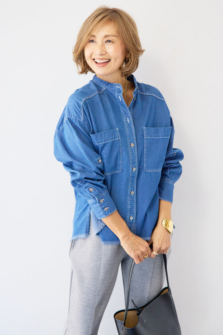コットンデニムノーカラーシャツ