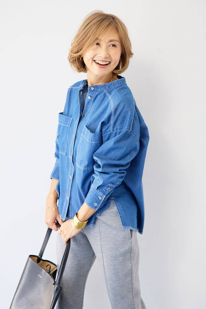 コットンデニムノーカラーシャツ