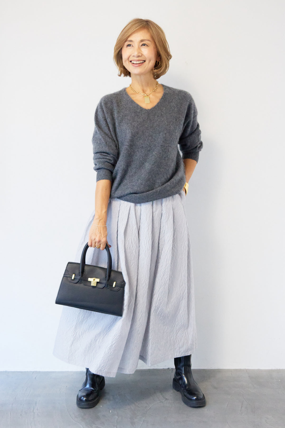 [SET]カシミヤウールVネックニット+ジャガードタックフレアスカート(2set)