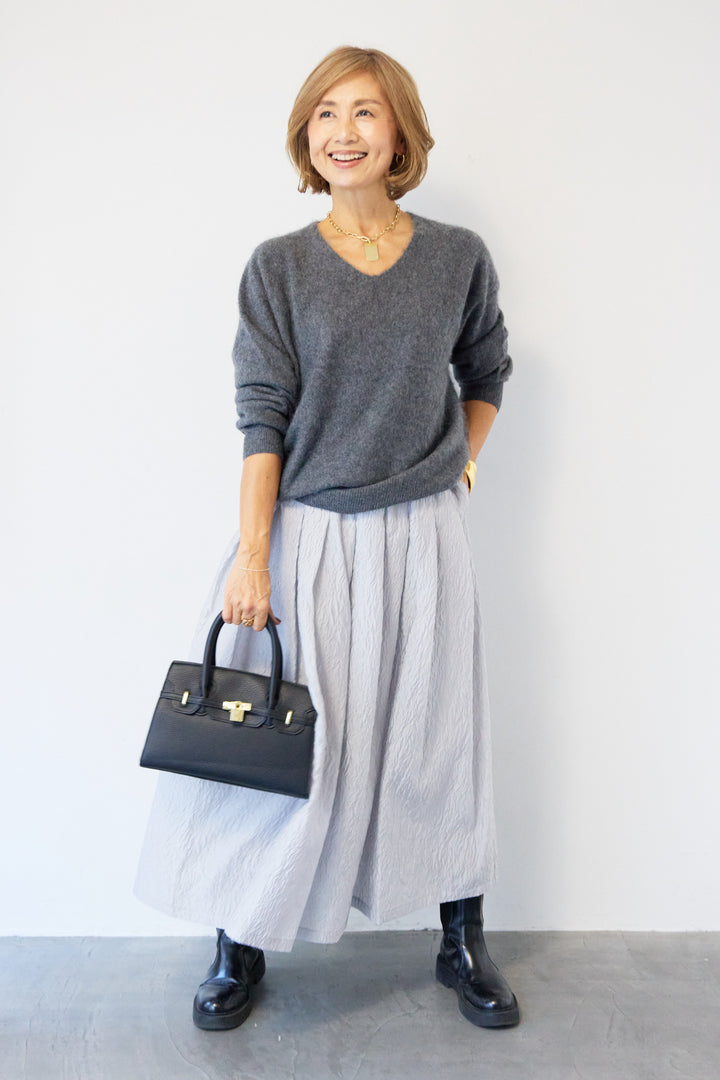 [SET]カシミヤウールVネックニット+ジャガードタックフレアスカート(2set)