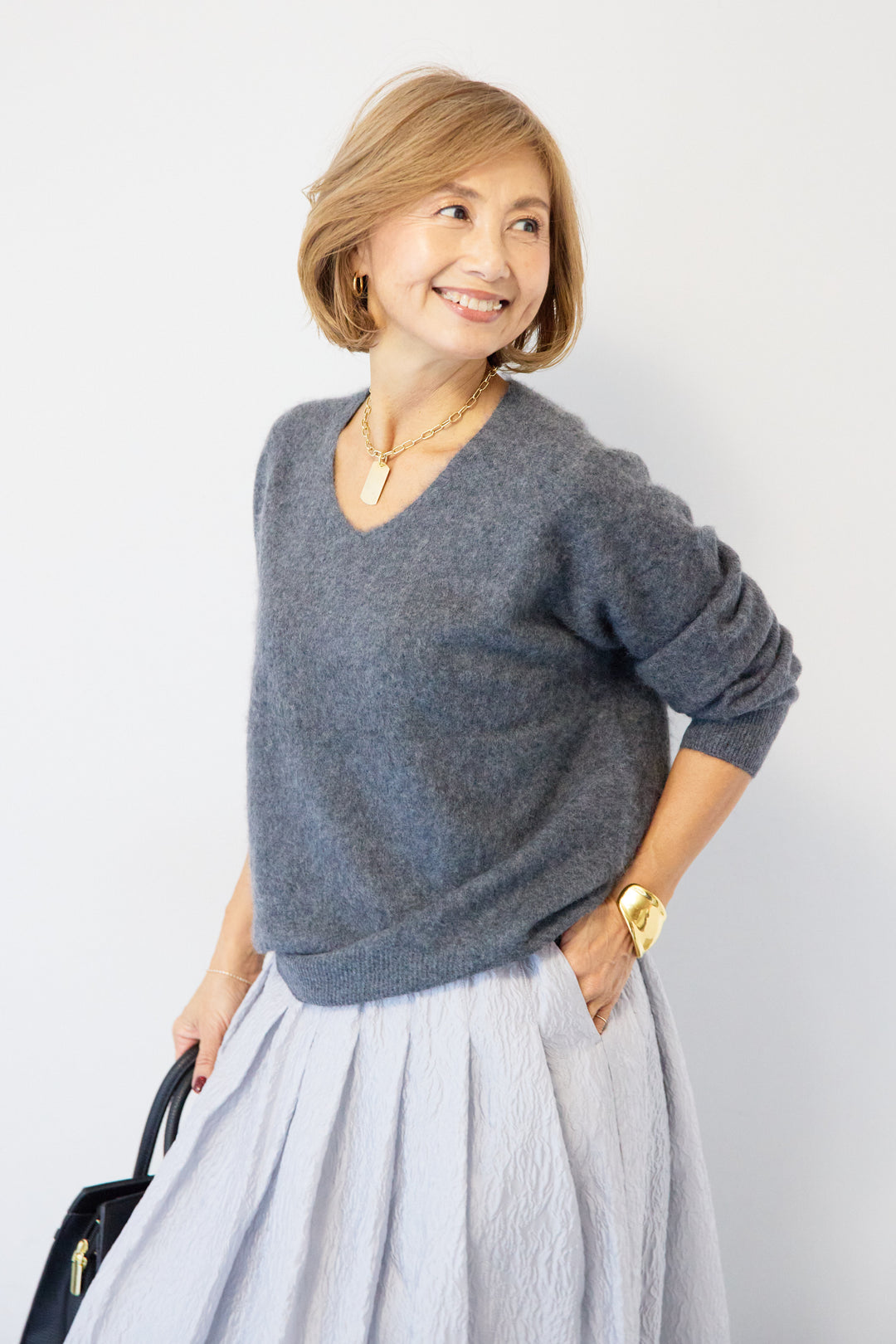 [SET]カシミヤウールVネックニット+ジャガードタックフレアスカート(2set)