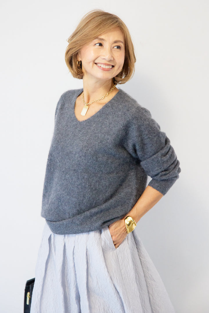 [SET]カシミヤウールVネックニット+ジャガードタックフレアスカート(2set)