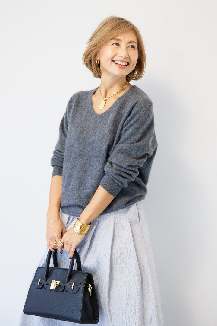 [SET]カシミヤウールVネックニット+ジャガードタックフレアスカート(2set)