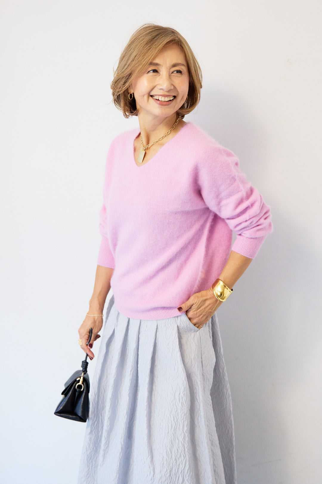 [SET]カシミヤウールVネックニット+ジャガードタックフレアスカート(2set)