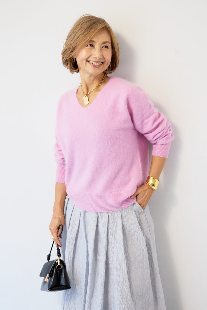 [SET]カシミヤウールVネックニット+ジャガードタックフレアスカート(2set)