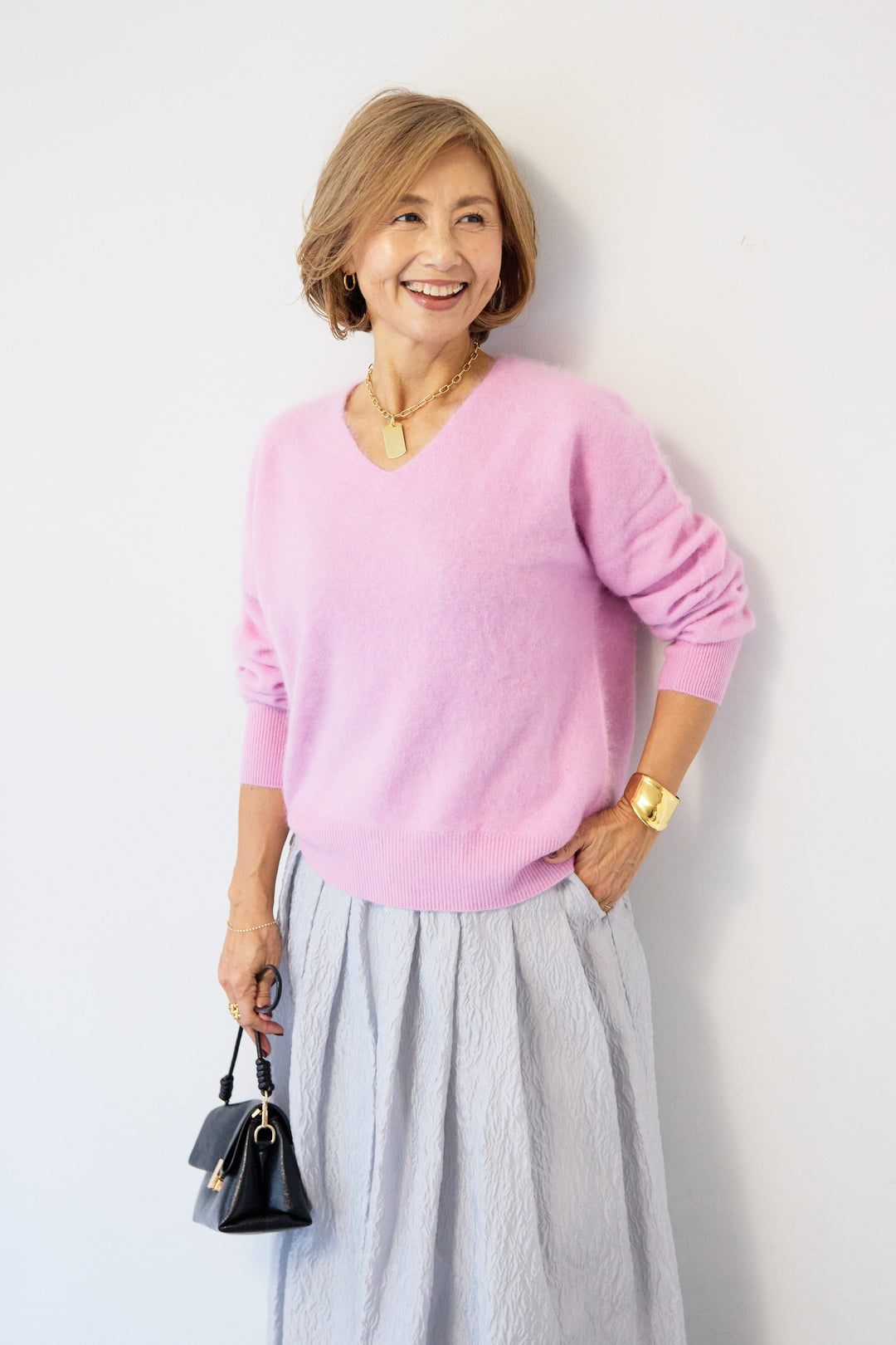 [SET]カシミヤウールVネックニット+ジャガードタックフレアスカート(2set)