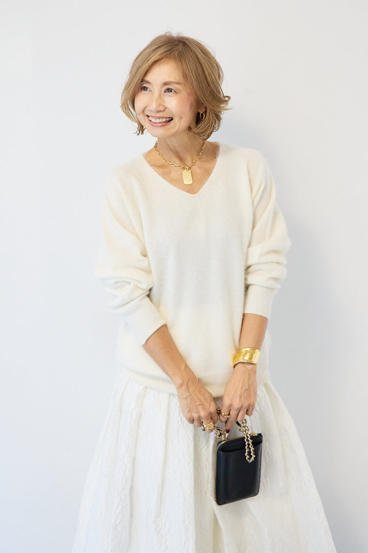 [SET]カシミヤウールVネックニット+ジャガードタックフレアスカート(2set)