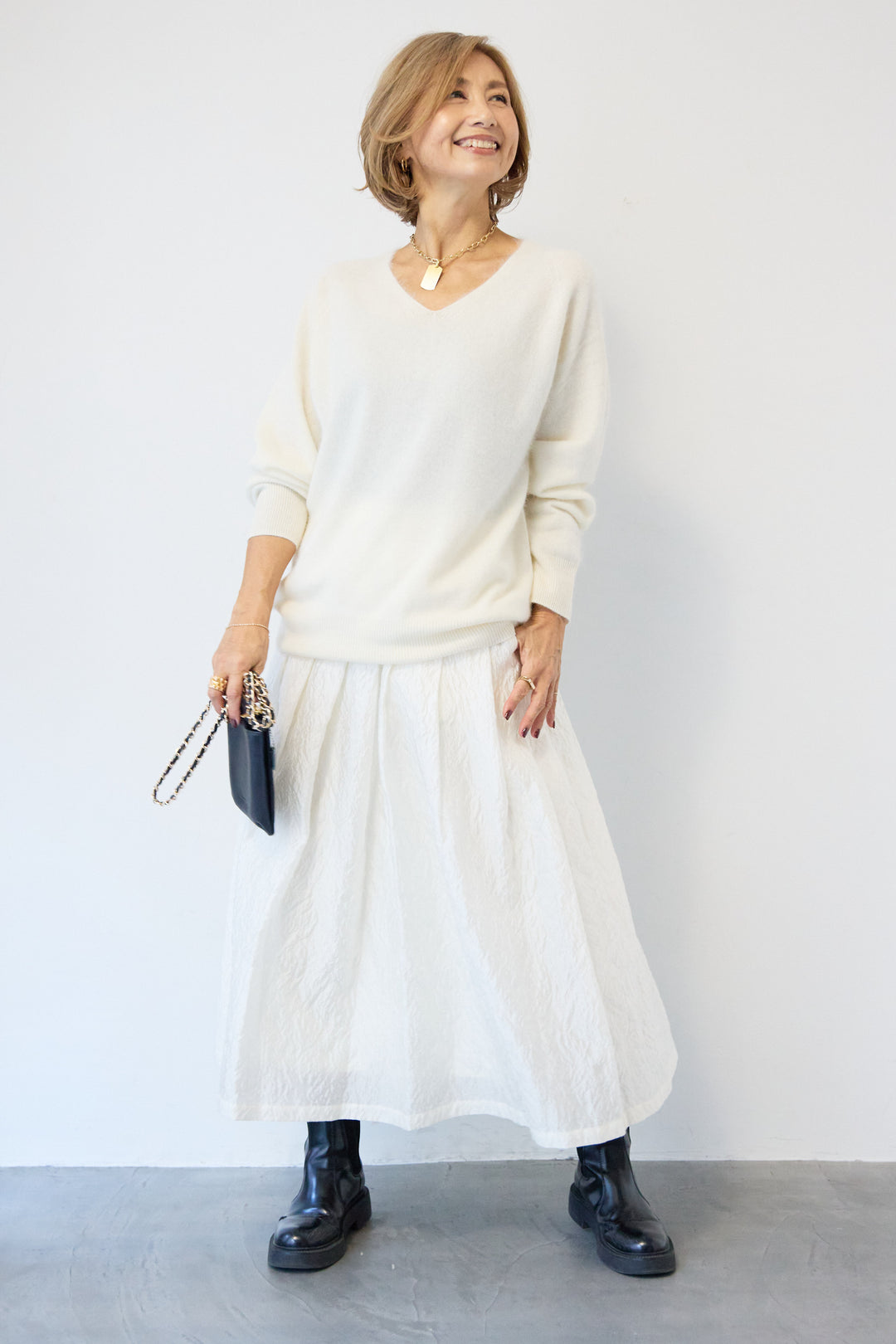 [SET]カシミヤウールVネックニット+ジャガードタックフレアスカート(2set)