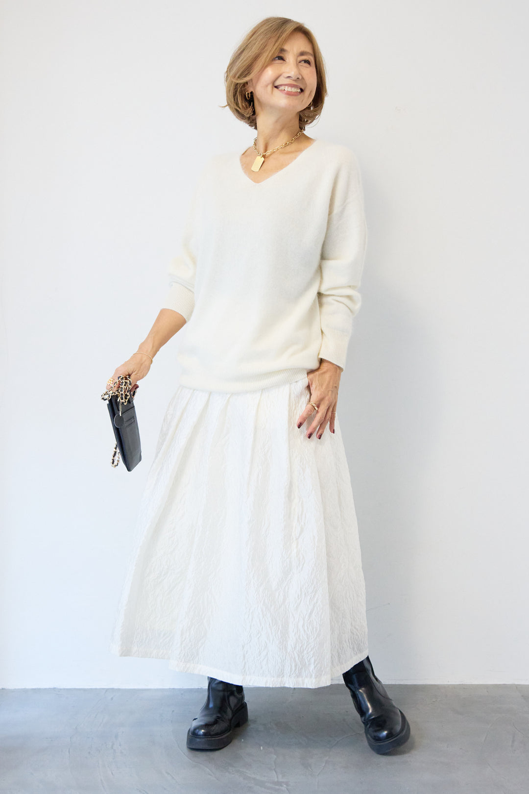 [SET]カシミヤウールVネックニット+ジャガードタックフレアスカート(2set)