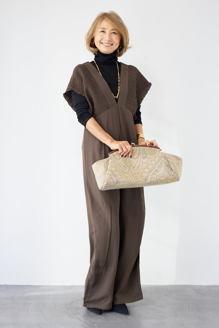 シャーリングスリーブ・Vネックオールインワン