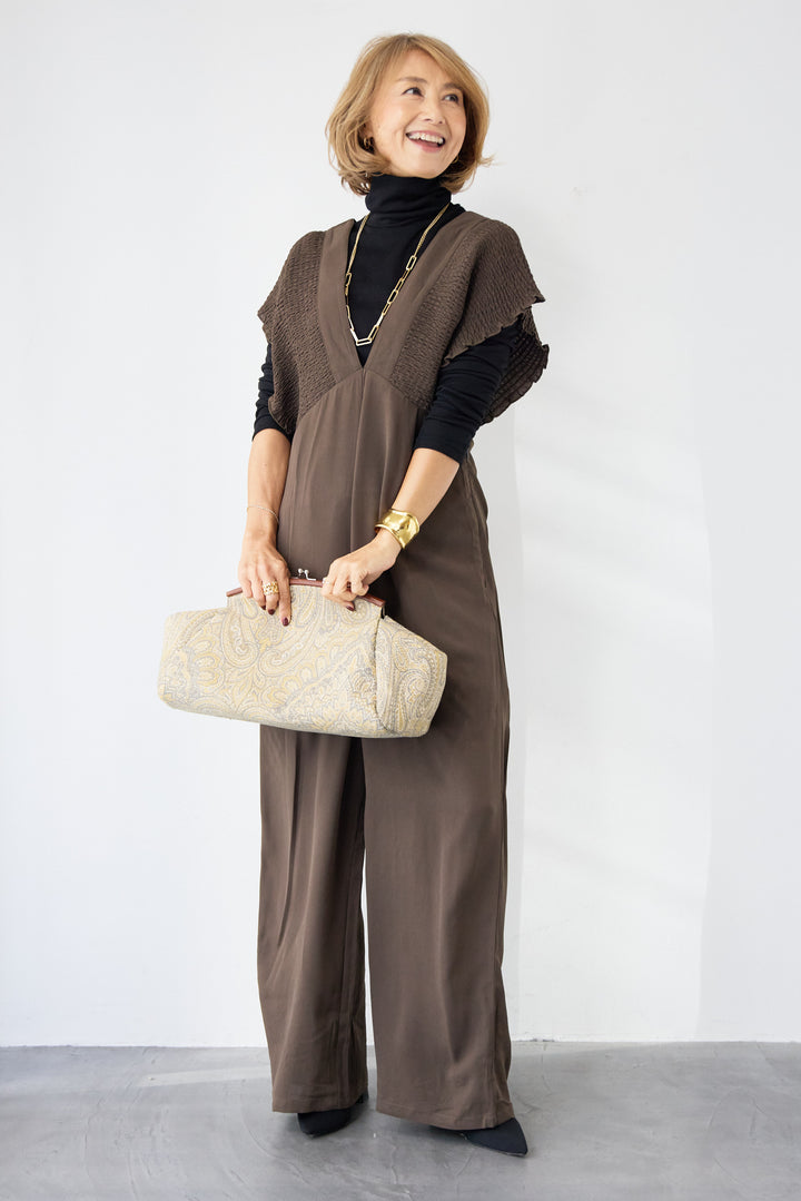 シャーリングスリーブ・Vネックオールインワン