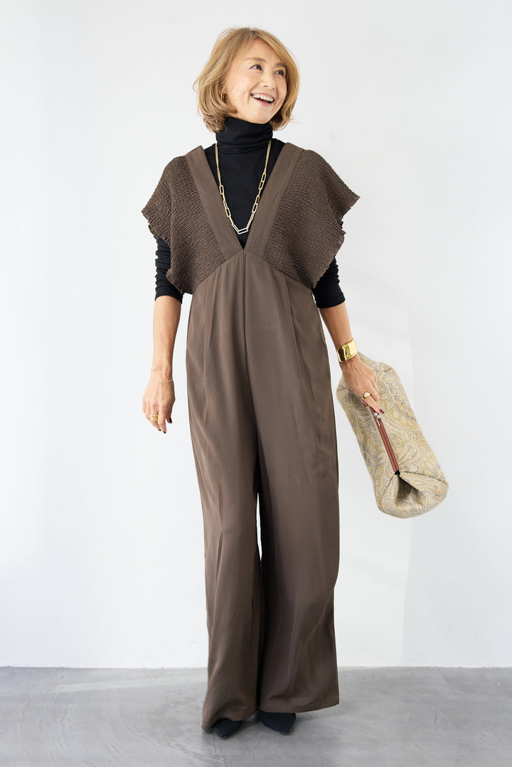 シャーリングスリーブ・Vネックオールインワン