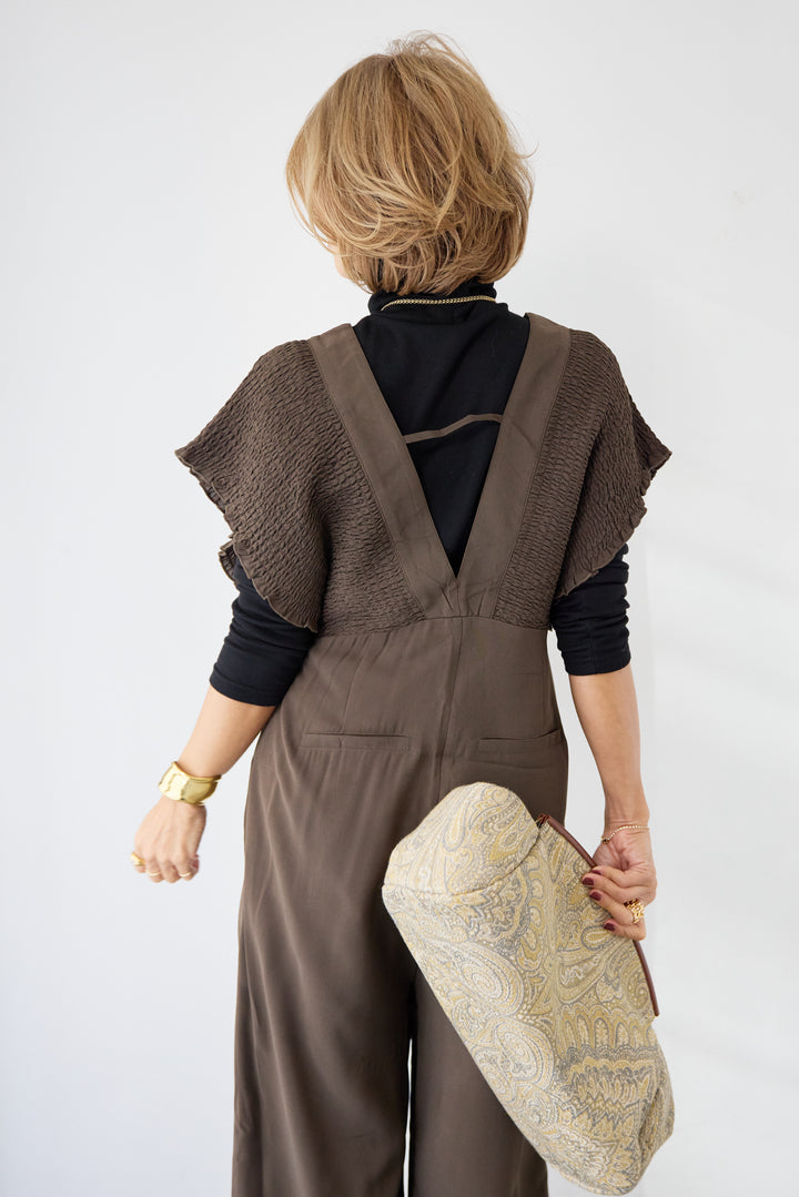 シャーリングスリーブ・Vネックオールインワン