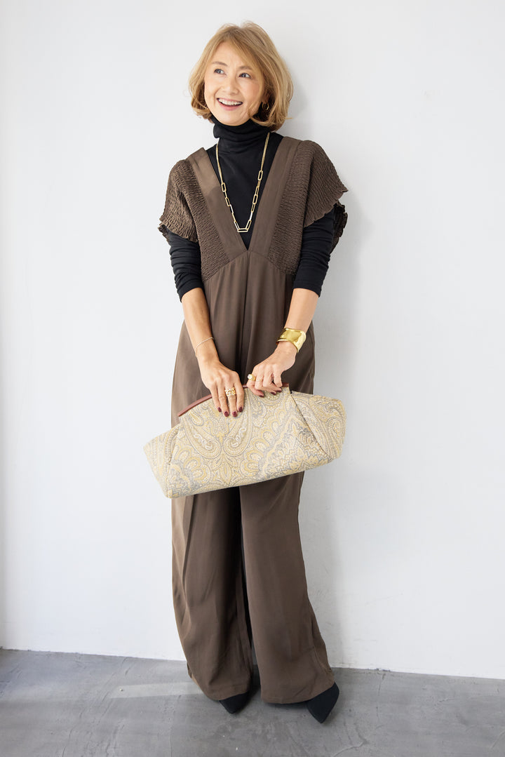 シャーリングスリーブ・Vネックオールインワン