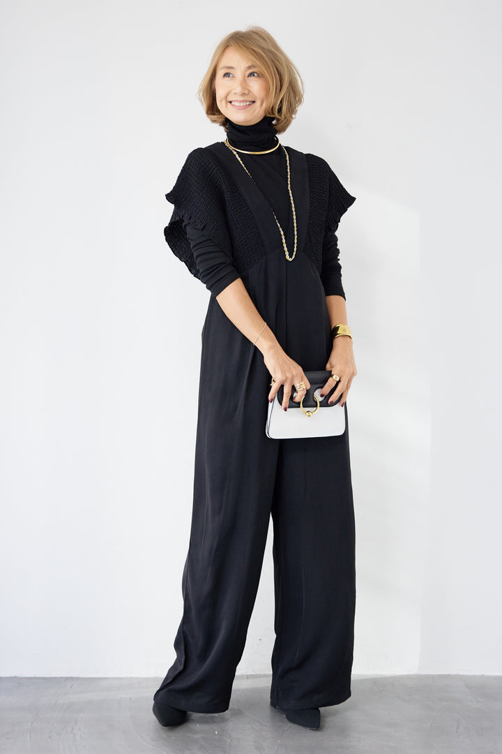 シャーリングスリーブ・Vネックオールインワン