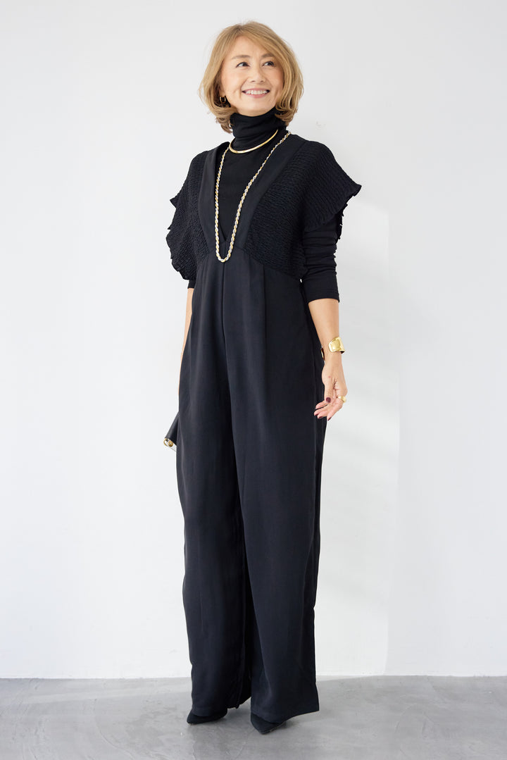 シャーリングスリーブ・Vネックオールインワン