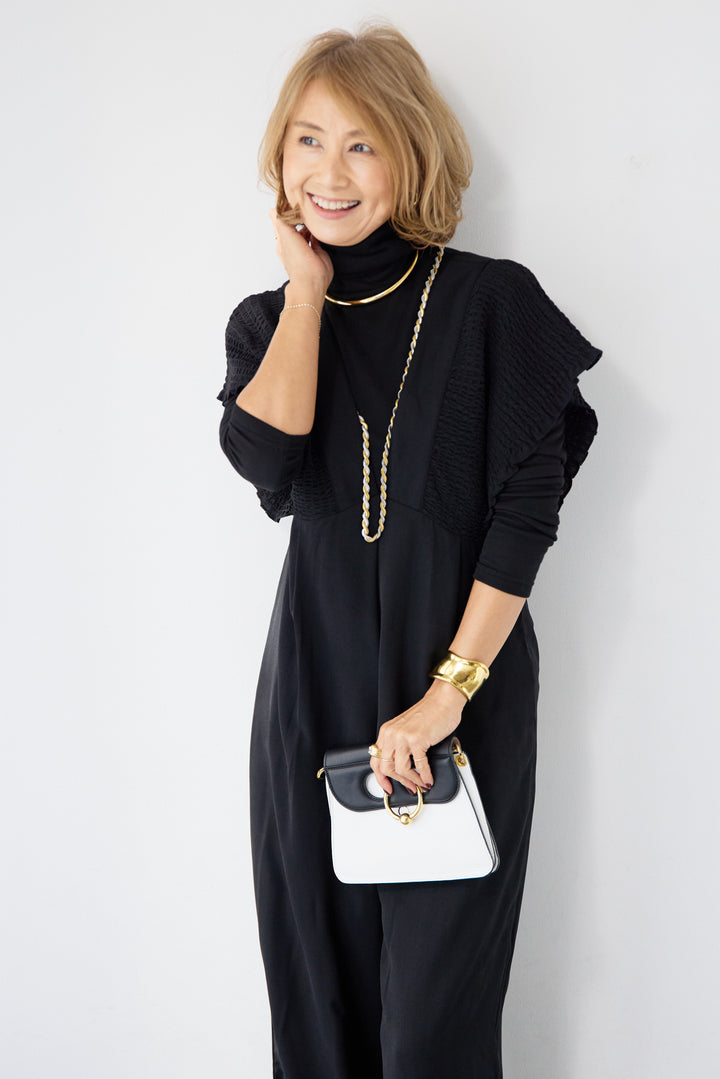 シャーリングスリーブ・Vネックオールインワン