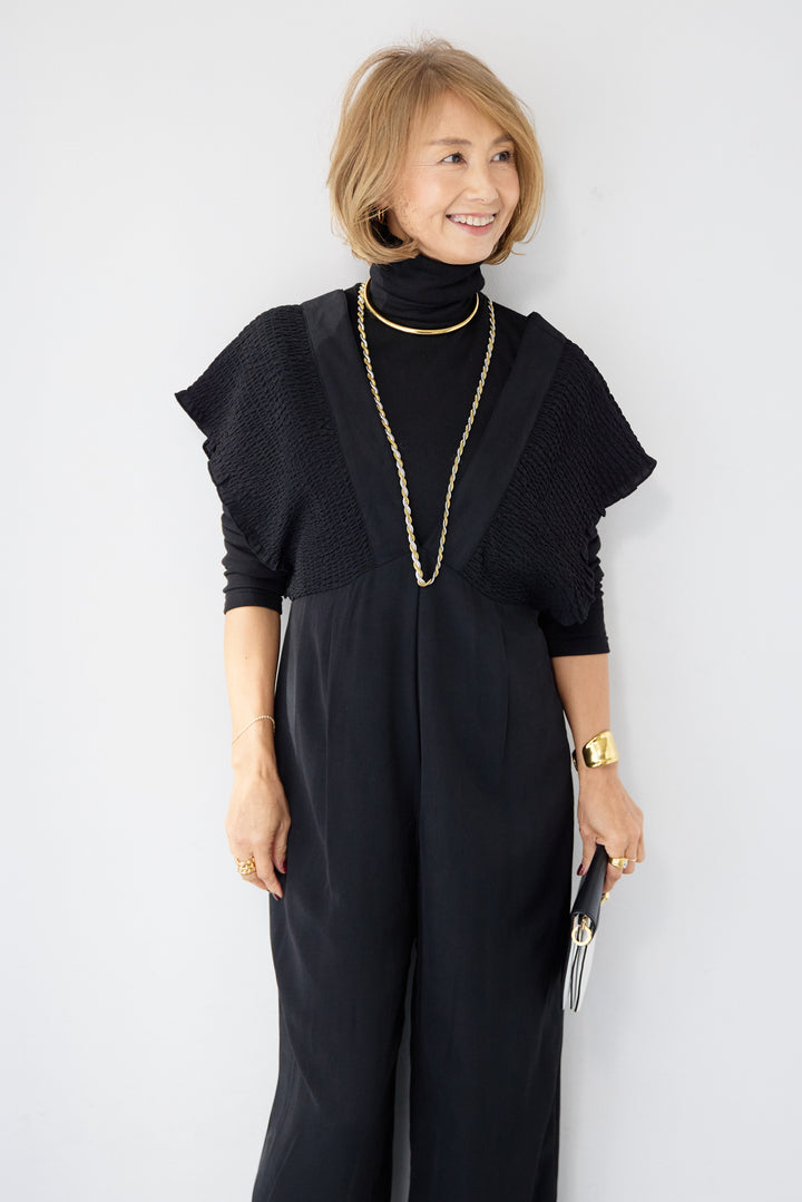 シャーリングスリーブ・Vネックオールインワン