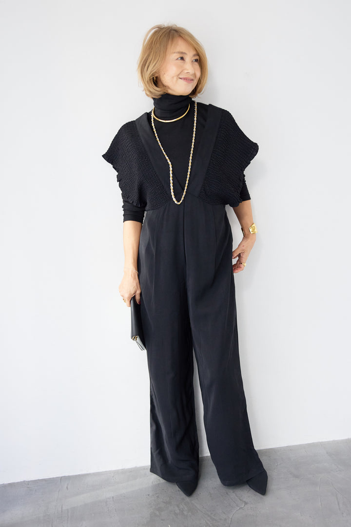 シャーリングスリーブ・Vネックオールインワン