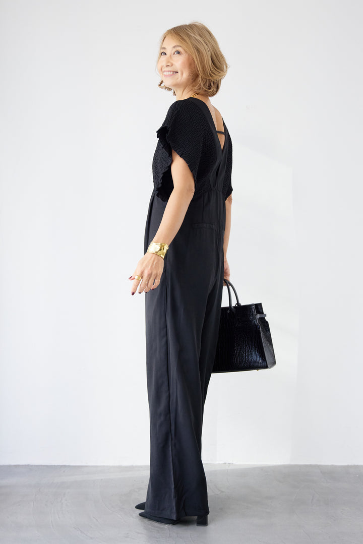 シャーリングスリーブ・Vネックオールインワン