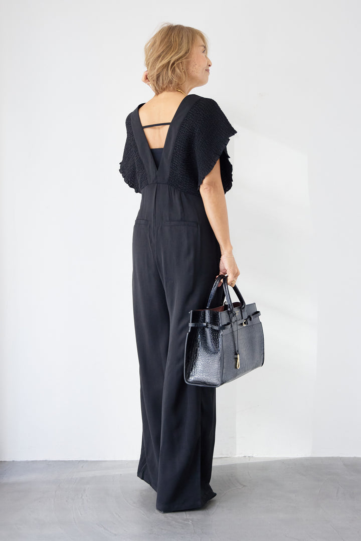 シャーリングスリーブ・Vネックオールインワン