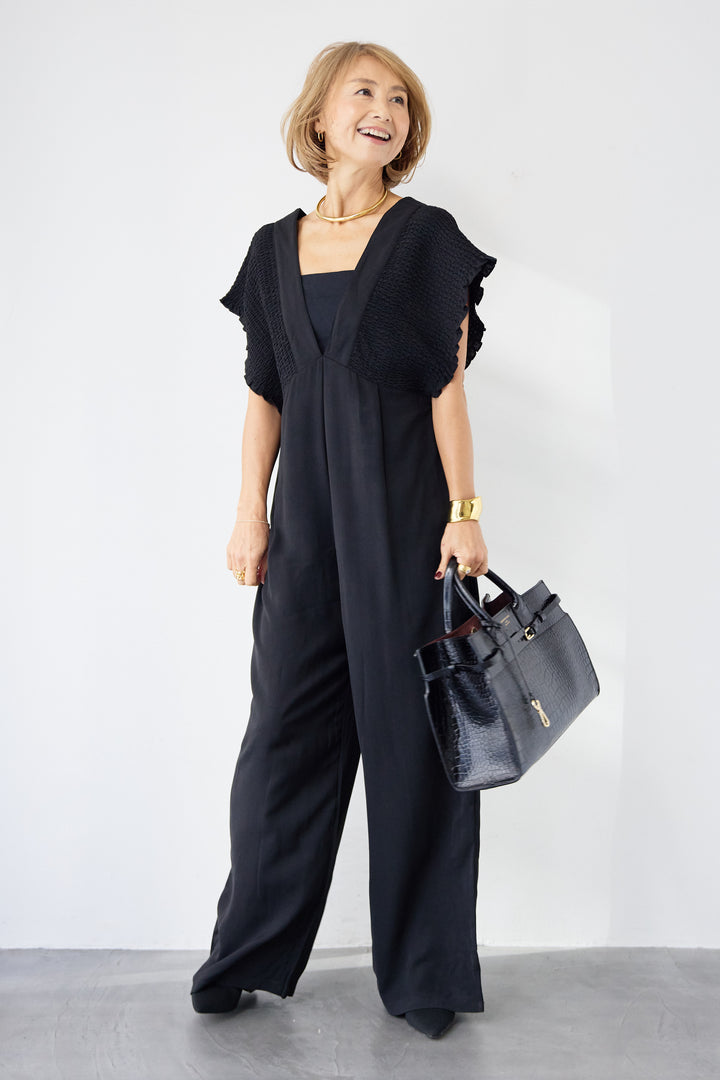 シャーリングスリーブ・Vネックオールインワン