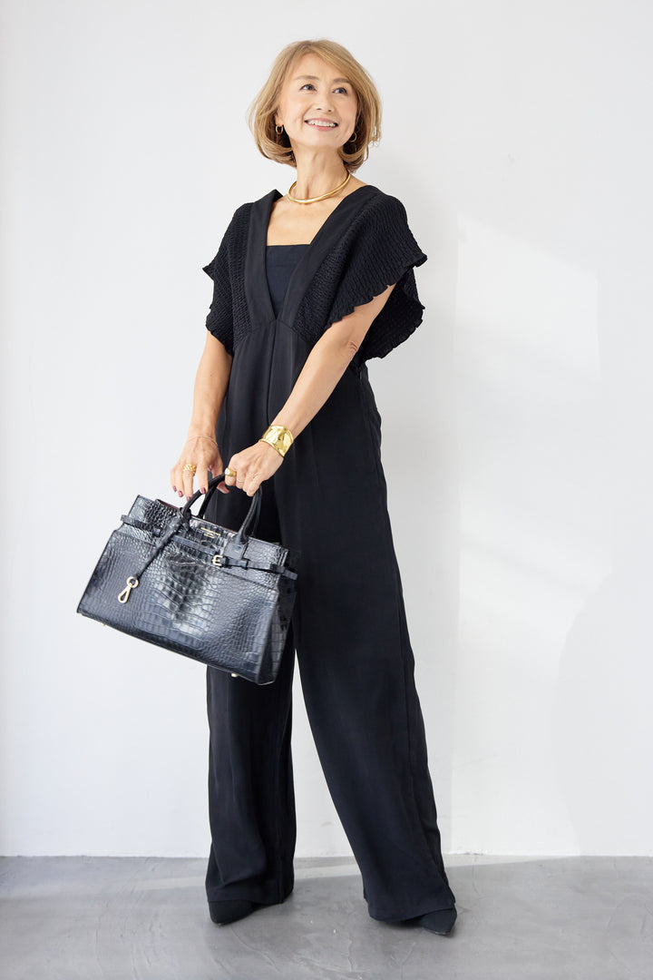 シャーリングスリーブ・Vネックオールインワン