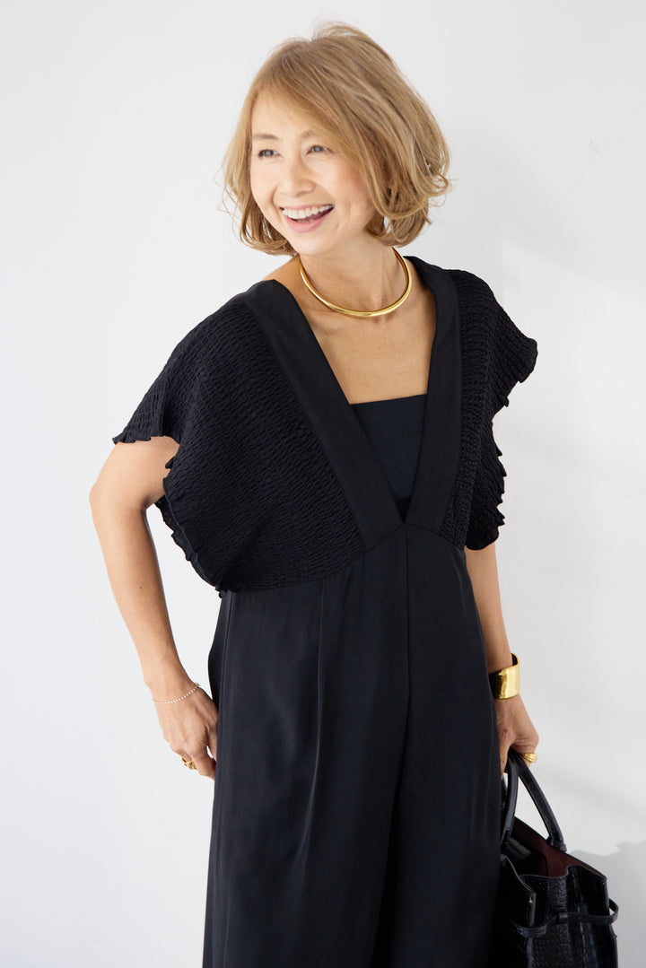 シャーリングスリーブ・Vネックオールインワン