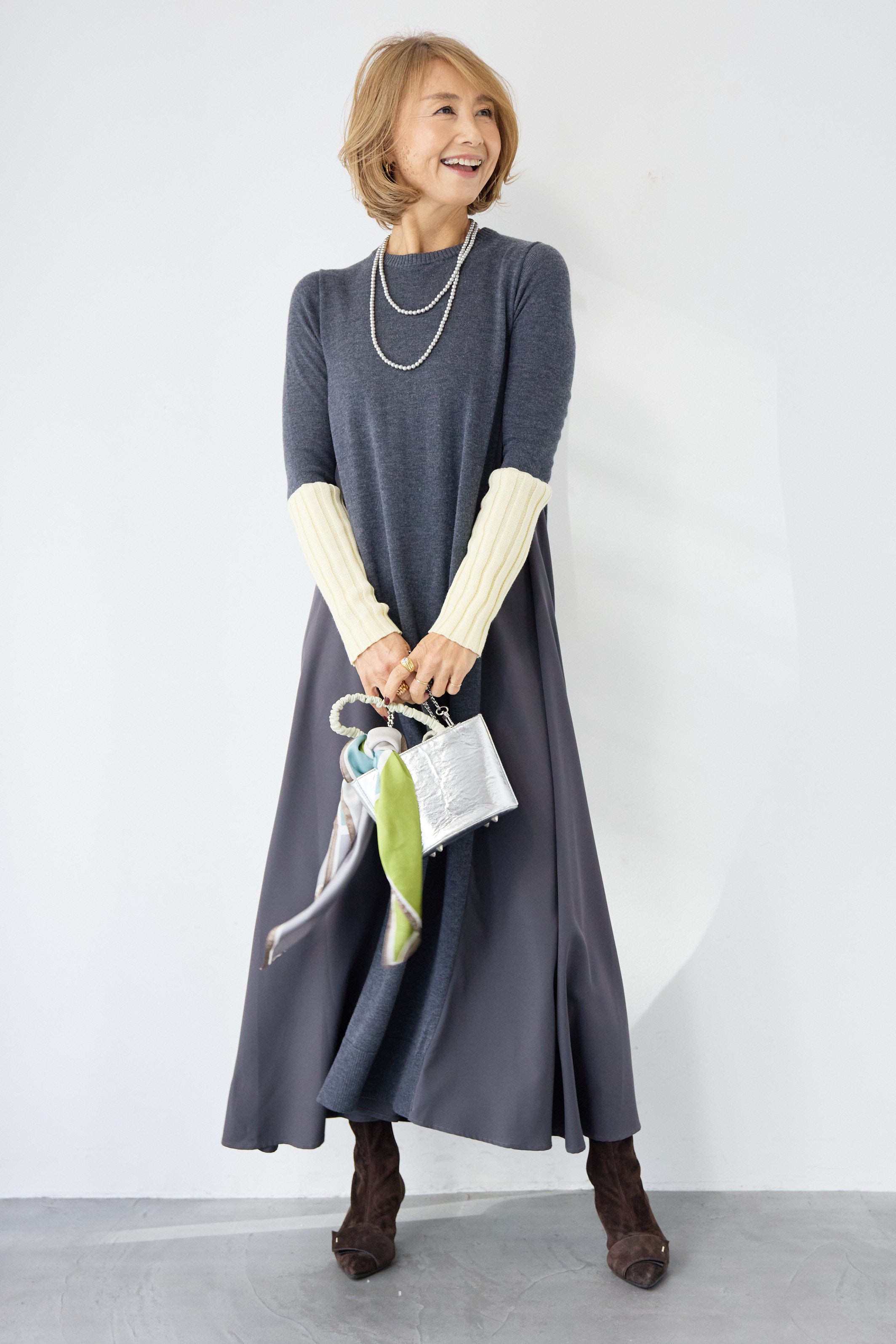 バイカラーリブスリーブ 異素材ドッキングワンピース – plusotoha