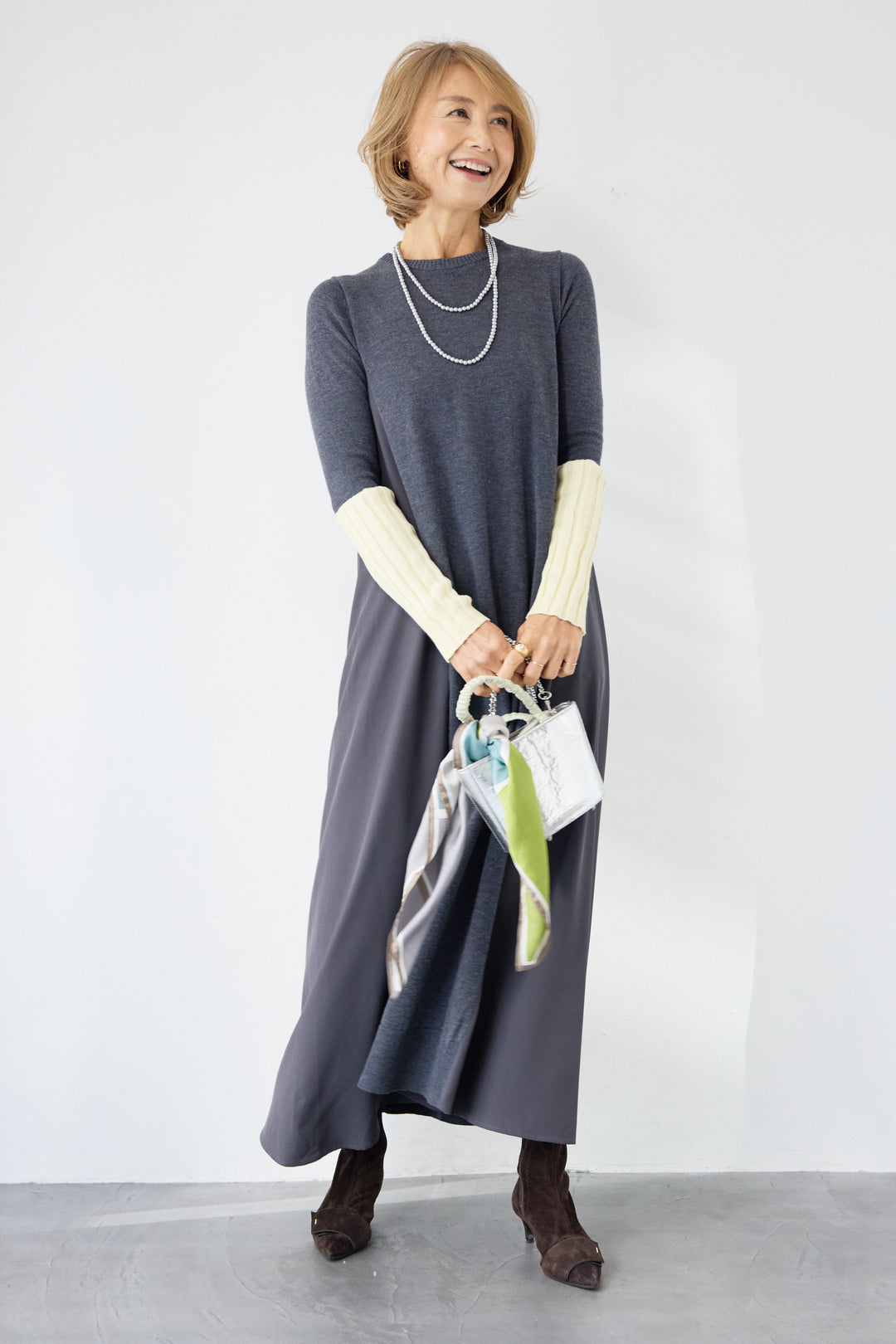 バイカラーリブスリーブ 異素材ドッキングワンピース