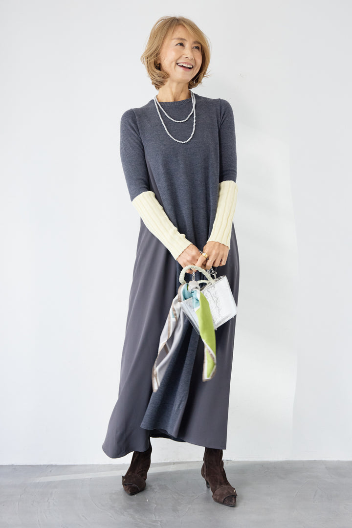 バイカラーリブスリーブ 異素材ドッキングワンピース