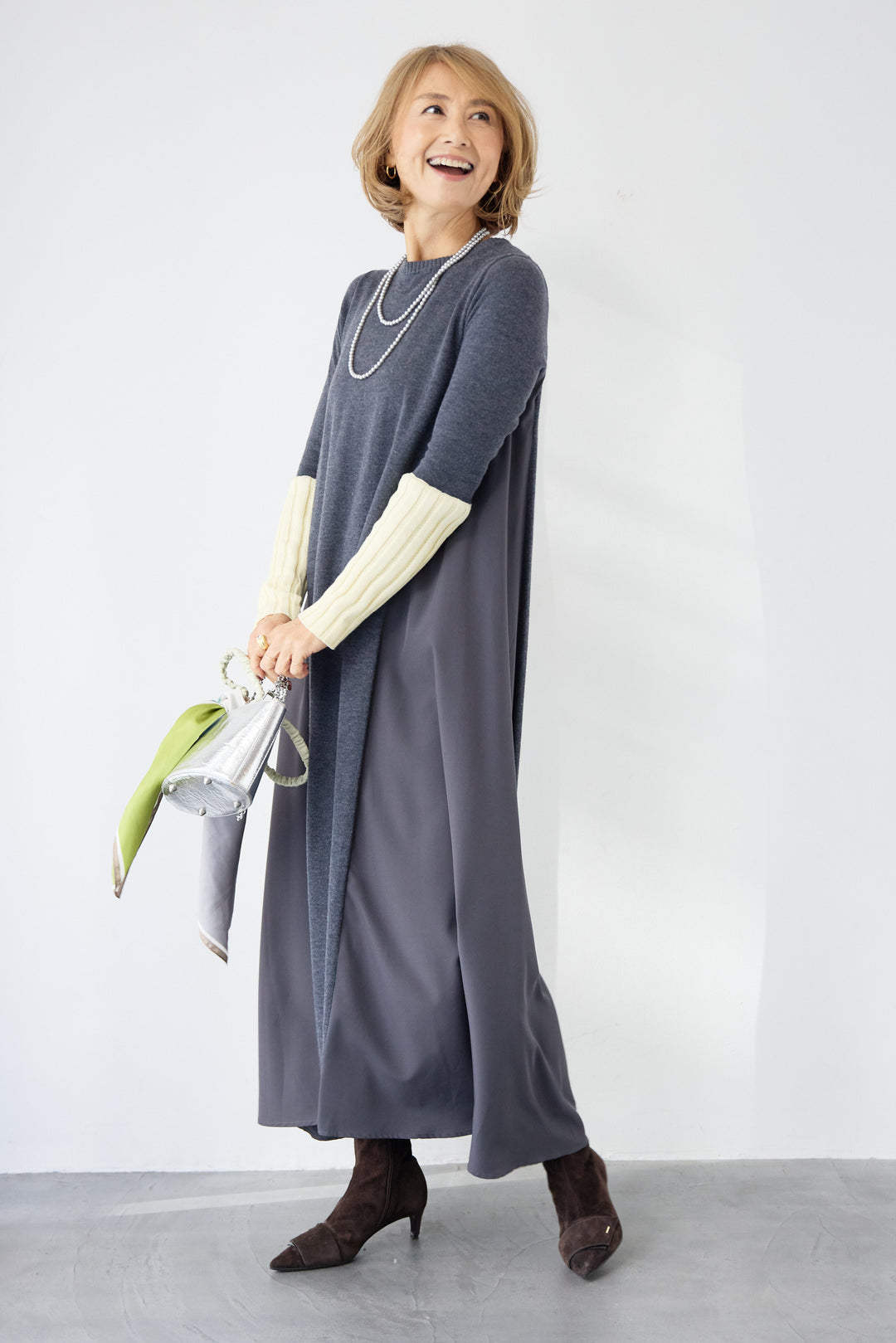 バイカラーリブスリーブ 異素材ドッキングワンピース