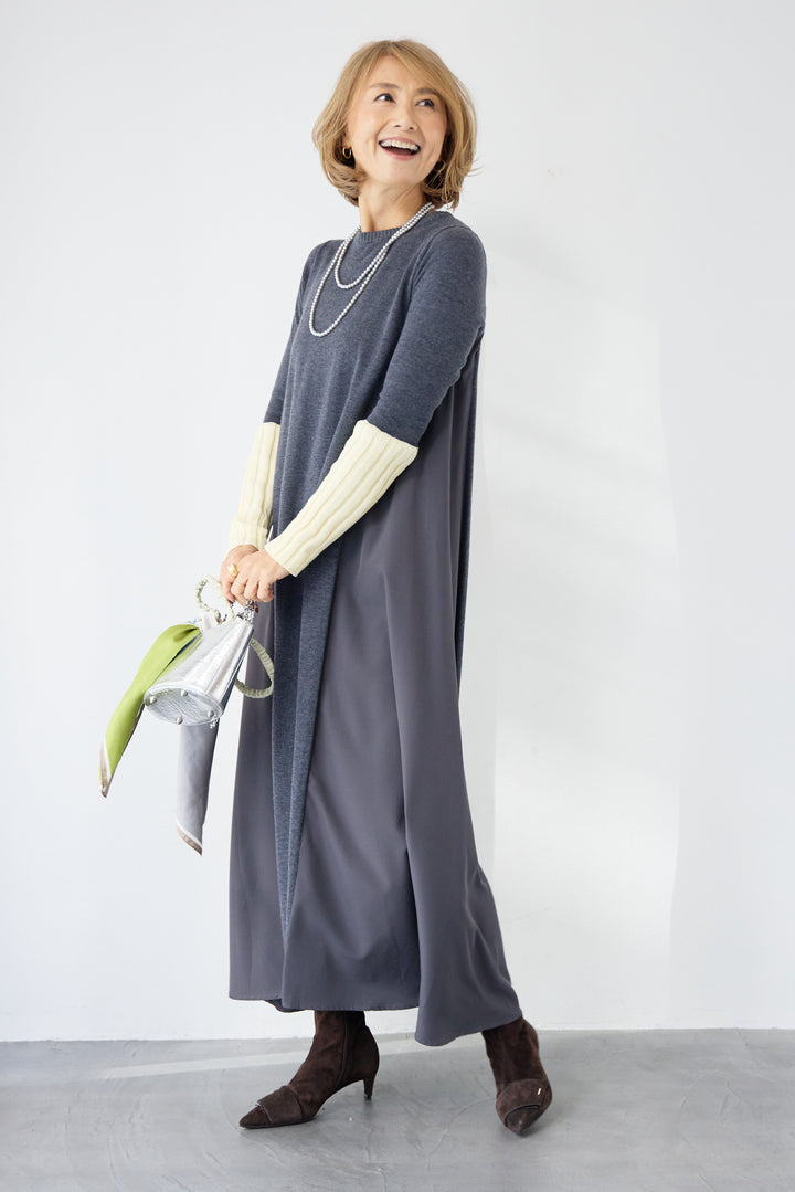 バイカラーリブスリーブ 異素材ドッキングワンピース