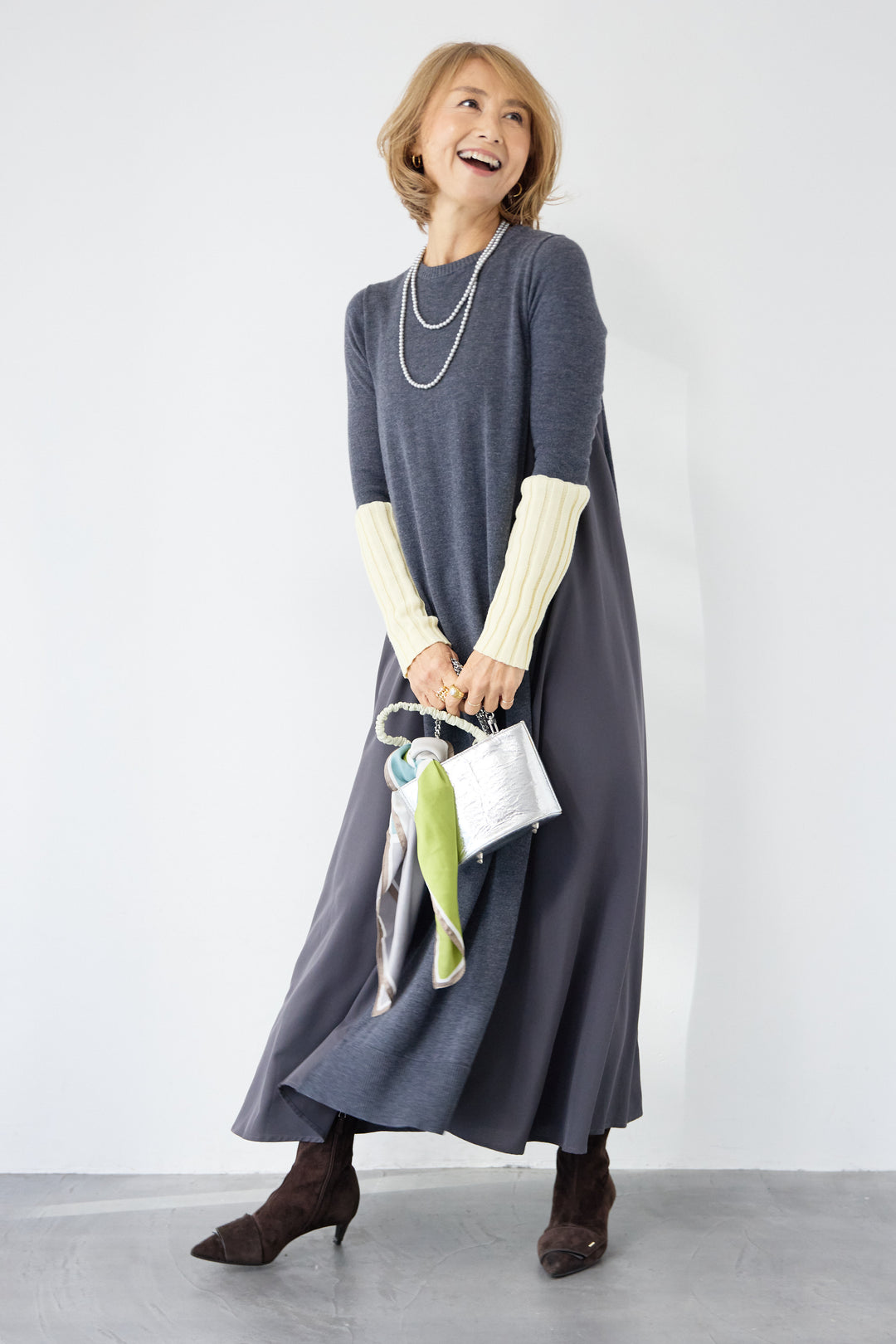 バイカラーリブスリーブ 異素材ドッキングワンピース