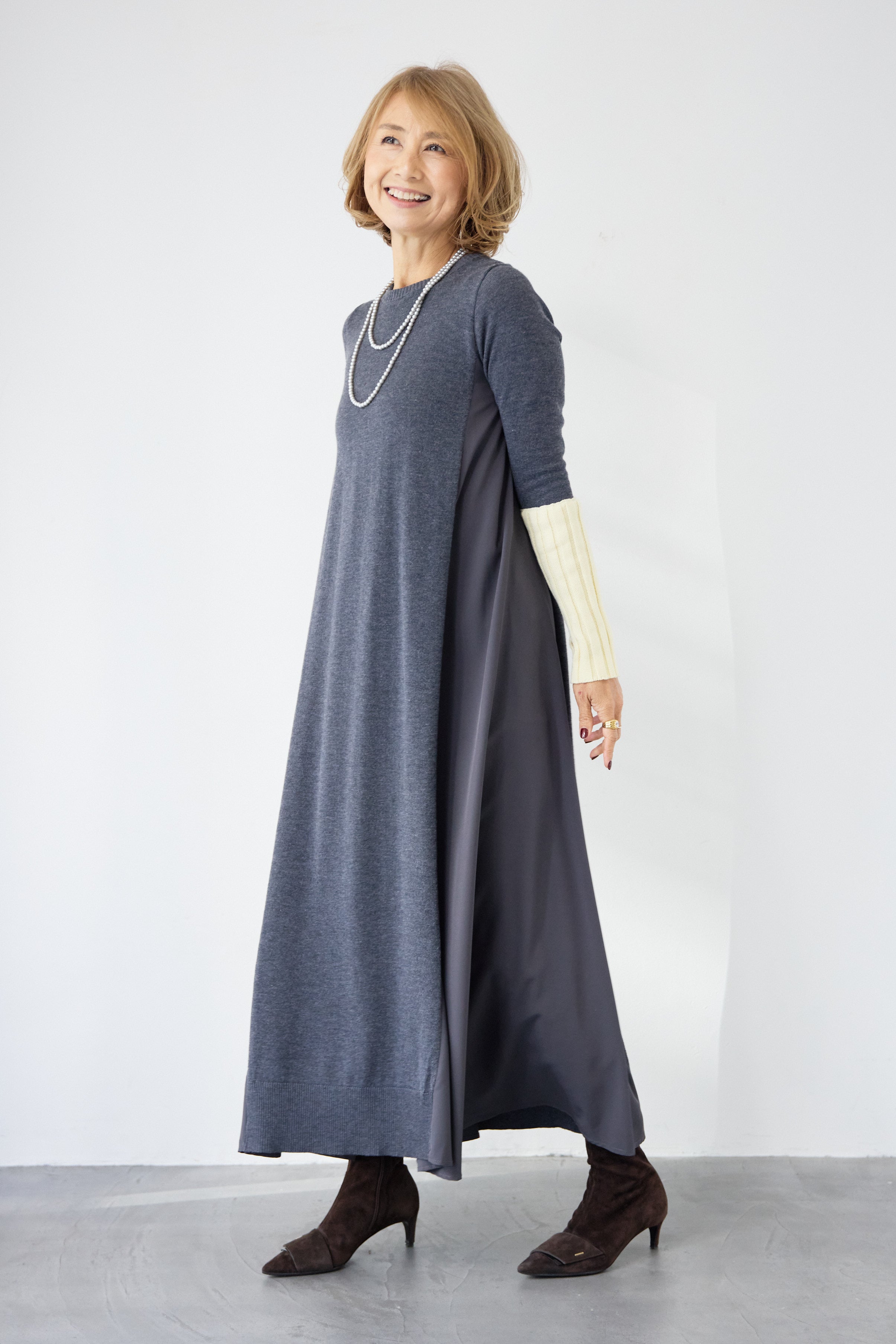 バイカラーリブスリーブ 異素材ドッキングワンピース – plusotoha