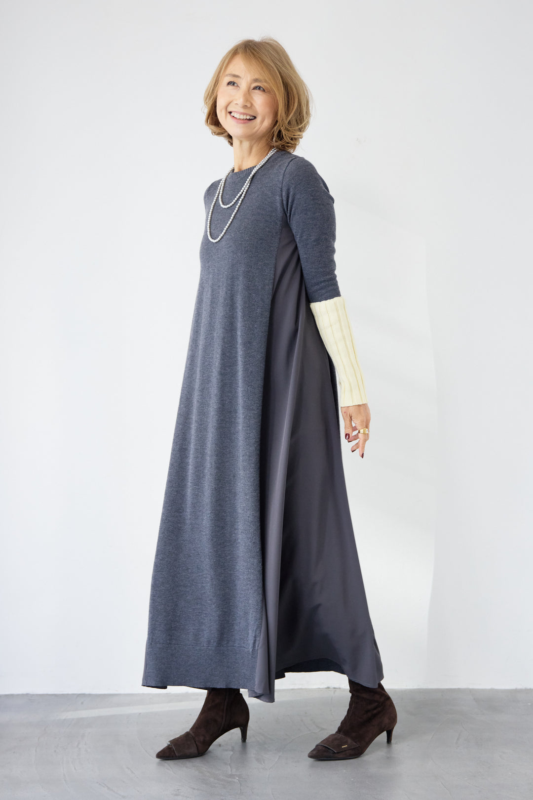 バイカラーリブスリーブ 異素材ドッキングワンピース