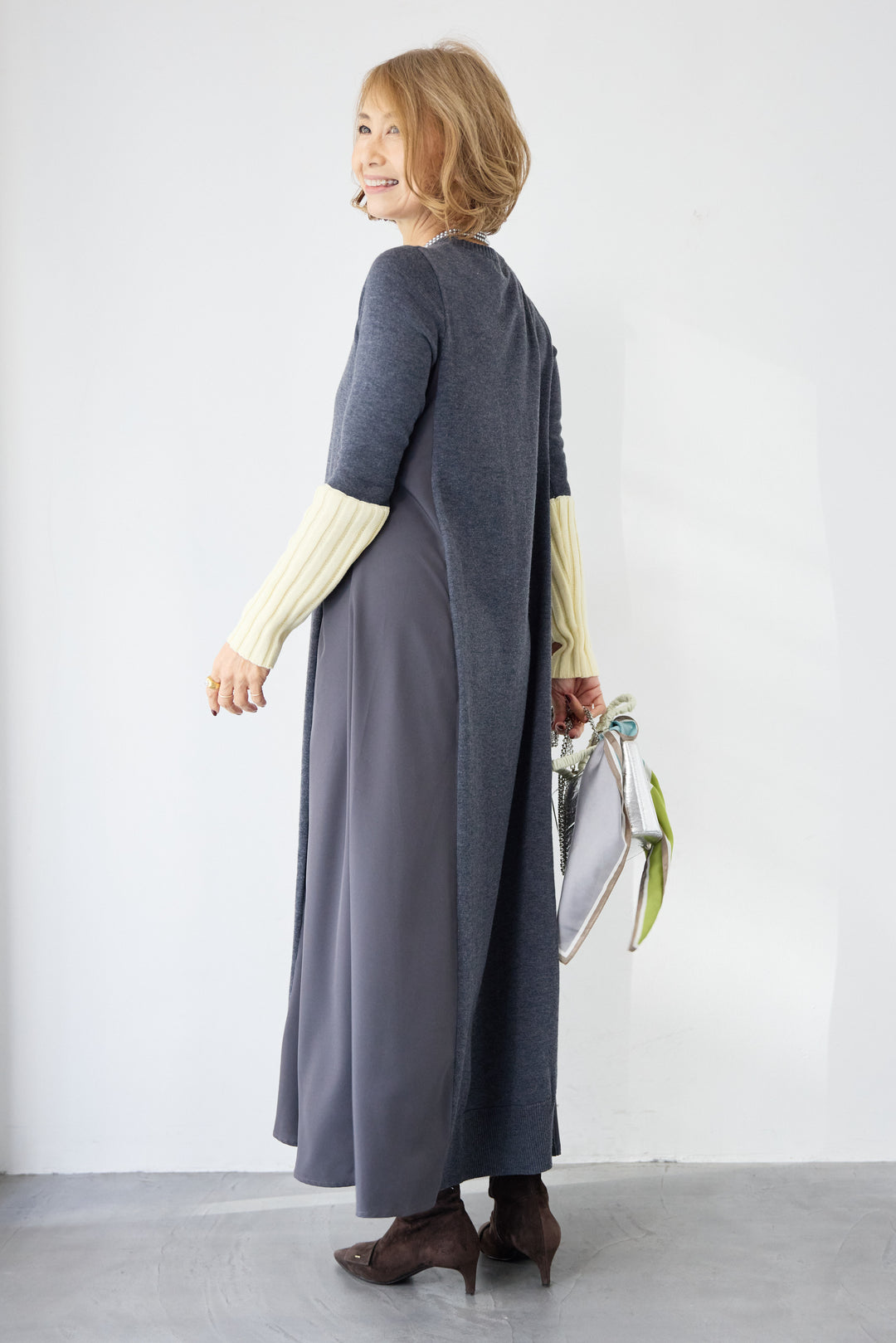 バイカラーリブスリーブ 異素材ドッキングワンピース