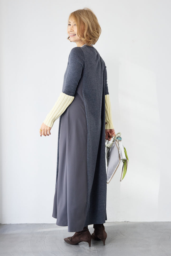 バイカラーリブスリーブ 異素材ドッキングワンピース